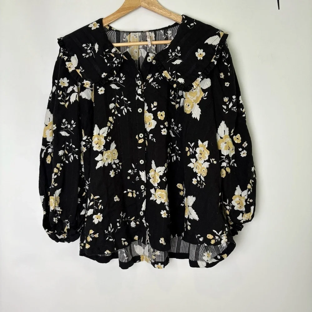 Free People Floral Blushing Blossom Black Blouse